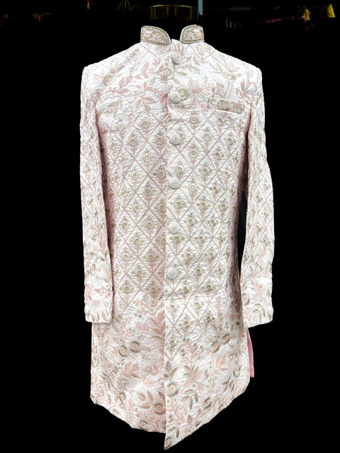 (Video clip attached )Pastel Pink color heavy embroidery work all over with hand work pearl beaded neck, buttons and sleeves design Sherwani and Pants