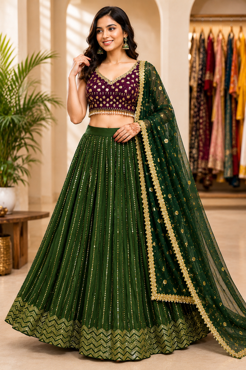 Make a statement in this stunning festive lehenga set featuring a rich wine embroidered blouse, elegant emerald green shimmer skirt, and a graceful net dupatta finished with luxurious golden lace detailing(slight variation in color and design is possible)