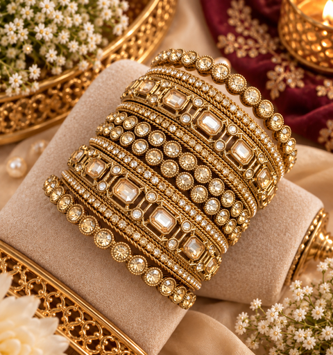 Beautiful bangle set featuring sparkling polki stones (Slight variations in color & design is possible )