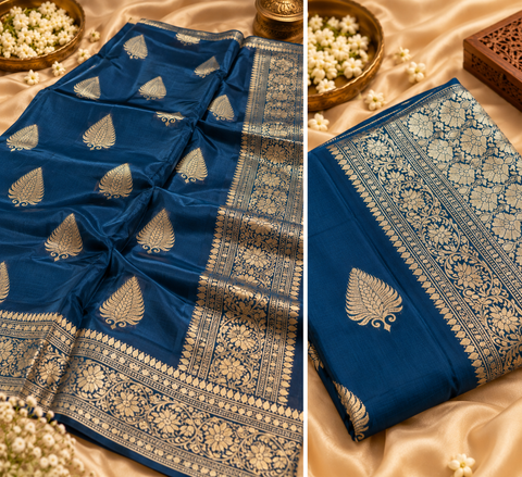 Luxuriously soft silk saree with a smooth, lightweight feel and beautifully flowy drape. Featuring rich woven zari floral motifs and an elegant detailed border .Blouse piece included. Slight variation in colour and design is possible.