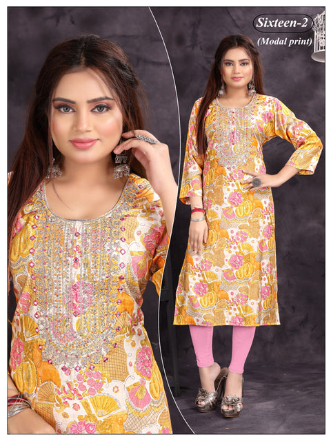 Pure Rayon based embroidered neck printed kurti