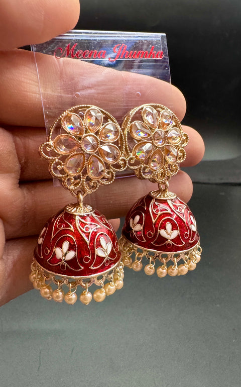 Polki Stone With Pearls Work Beautiful Meenakari Jhumka