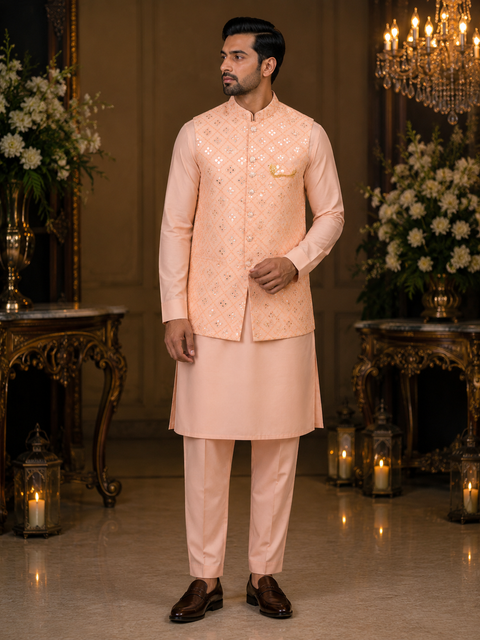 Mirror work Jacket with Raw Silk based Kurta & pants (slight variation in color and design is possible )