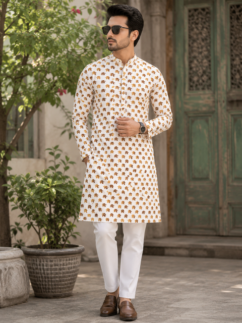 Pure cotton based Men’s Printed kurti (sizes mentioned in inches ,not according to the label on Kurti)size 46 kurti- Length 40 inches and size 48 -length 42 inches ) Kurti only. Pants not included.
