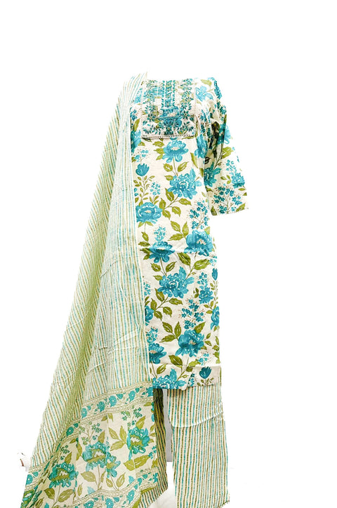 PURE & SOFT COTTON BASED DESIGNER EMBROIDERED & PRINTED WORK KURTI WITH PLAZO PANTS & DUPATTA