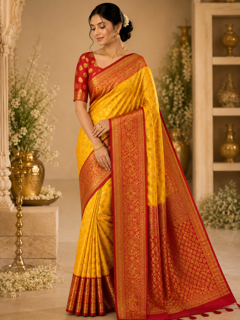 Art Silk Based beautiful design Saree with contrast Pallu (blouse is attached to Saree ) slight variation in color and design is possible )