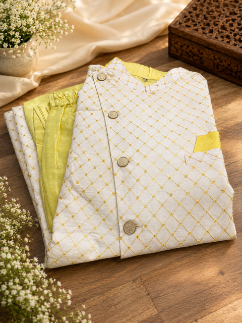 Brocade silk designer jacket with plain kurta and pants (slight variation in color & design is possible )