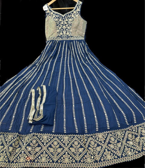 Georgette Based embroidery work all over with sequined work  design at (front and Back )Flared Kameez /Gown And netting Based contrast Embroidery with sequins Work Dupatta