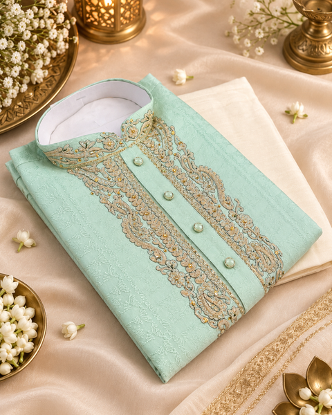 Soft jacquard silk-blend kurta with gold embroidery and Comes with a cream-golden pajama.
Slight variation in colour and design is possible.