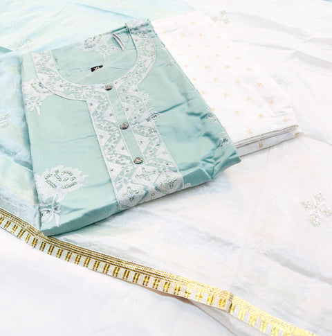 Silk based embroidery & sequined work designer kameez with silk based salwar and chiffon based dupatta