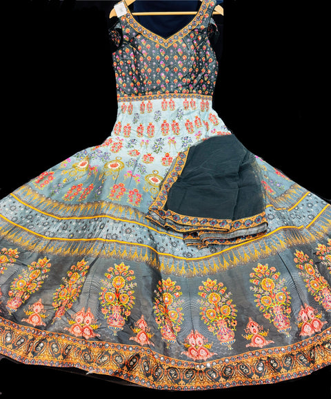 Silk based printed with Mirror work heavy flared gown and dupatta