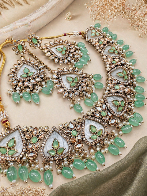 Original Polki stone with pearls beaded work beautiful necklace with earrings and tikka set