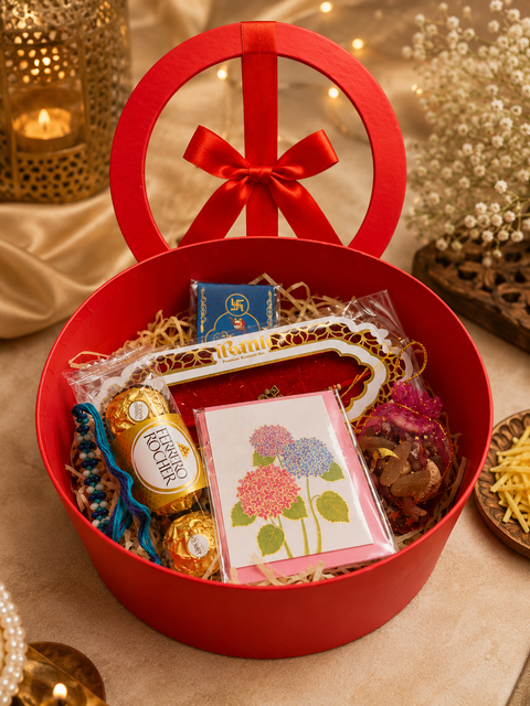 Customisable Rakhi Gift Box – Create a thoughtful Raksha Bandhan surprise with our beautifully curated custom gift box. It includes a Rakhi, Rakhi thread, premium chocolates, dry fruits, a tilak pack & a heartfelt greeting card for your personal message