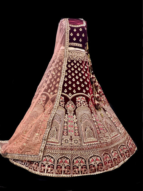(Video clip attach)Dark maroon color velvet based lehnga with heavy handwork with stones & embroidery work fully heavy flared beautiful designer Readymade Bridal lehnga with very heavy embroidered 2 netting dupatta (heavy latkans attached ) unstitched