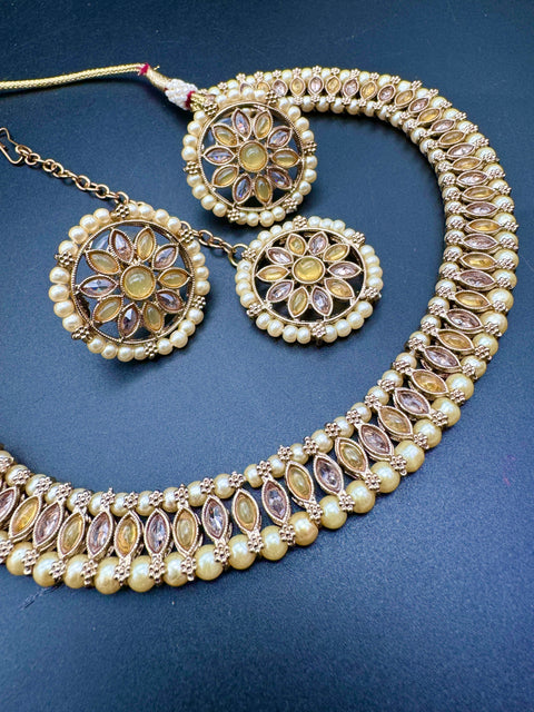 Polki And Pearls Work Beautiful Necklace Set With studs & Tikka