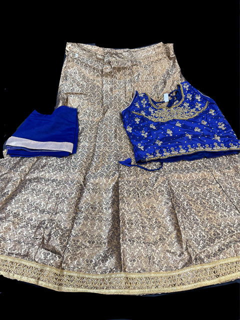 Royal blue Colour Velvet Based Blouse With Embroidery & Stone Work With Golden Brocade Silk Lehnga & Netting Dupatta