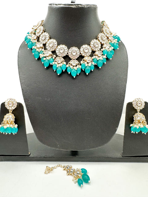 Kundan studded & pearls work designer heavy work Necklace set with beautiful Earrings & Tikka
