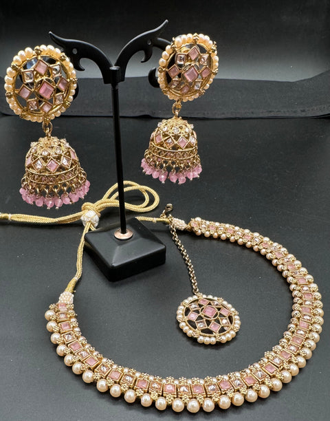 Kundan And Pearls Work Beautiful Necklace Set With Jhumka & Tikka