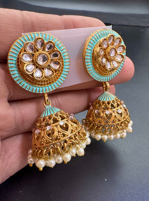 Kundan Stone With Pearls Work Beautiful Meenakari Jhumka
