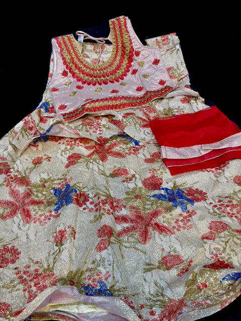 Golden silk based embroidery & stone work blouse with golden cream colour printed shimmery silk lehnga with dupatta