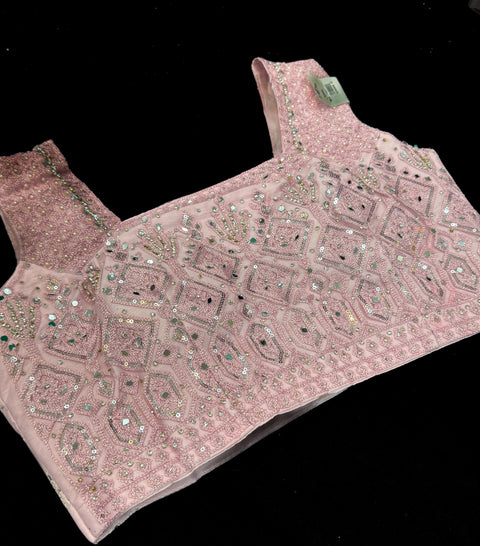 Netting based embroidery with hand work crop top designer blouse with lehnga and netting dupatta