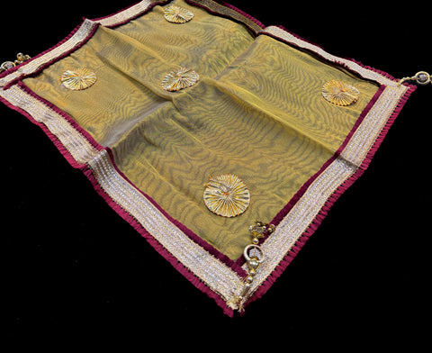 Large size Golden embroidery work with beautiful shagun Thali/Thaal with cover and Potli bag