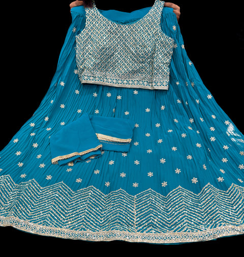 Georgette based embroidery with hand work crop top designer blouse with lehnga and Georgette dupatta