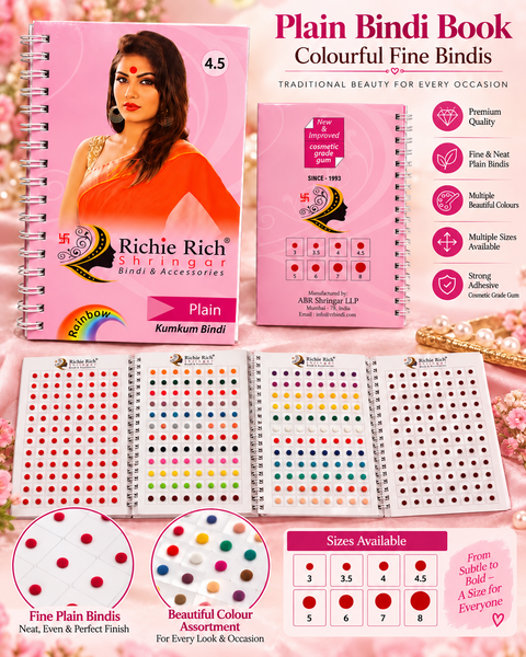 Beautiful Richie Rich Shringar plain round bindis in a variety of vibrant colours. Fine, neat finish with strong adhesive, perfect for everyday wear and special occasions.
Size: 4.5
Quantity: Approximately 960 bindi per book.
