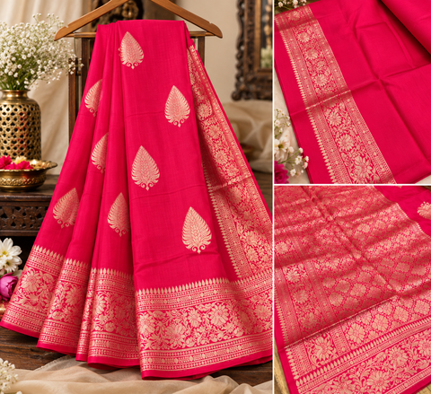 Luxuriously soft silk saree with a smooth, lightweight feel and beautifully flowy drape. Featuring rich woven zari floral motifs and an elegant detailed border .Blouse piece included. Slight variation in colour and design is possible.