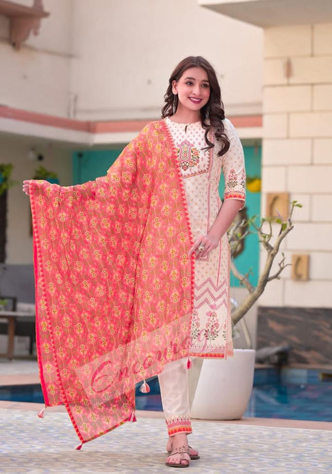 Pure & Soft cotton Based Designer Embroidered & Printed work Kurti With Plazo Pants & Dupatta