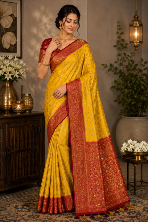 Premium Art Silk Saree featuring elegant zari weaving & stone work throughout; saree comes with an attached blouse piece. Model blouse is for reference only. Slight variation in colour and design may occur