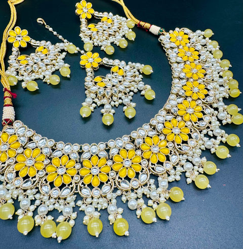 Kundan studded & pearls work designer heavy work Necklace set with beautiful Earrings & Tikka