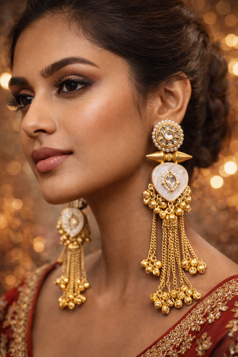 (Video clip attached )Lite Weight Trending Kashmiri Earrings /Elegant traditional jhumka earrings crafted with a high-quality alloy base, featuring intricate antique gold-look detailing, delicate pearl accents,Ghunghroo attached