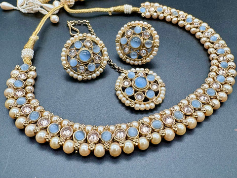 Kundan And Pearls Work Beautiful Necklace Set With studs & Tikka