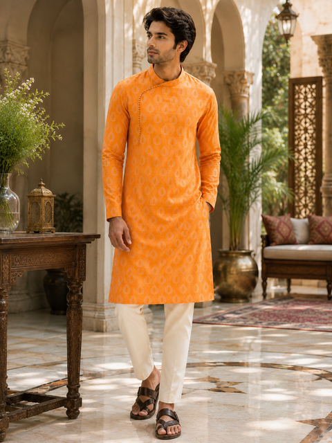 Orange colour cotton kurta with pajama pents (slight variation in color and design is possible )