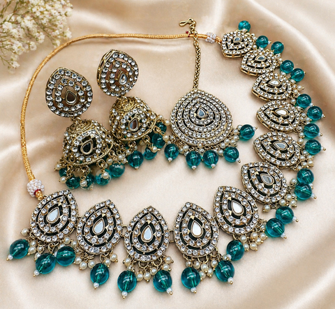 Jerkan stone with pearls beaded work beautiful necklace with jhumka and tikka set