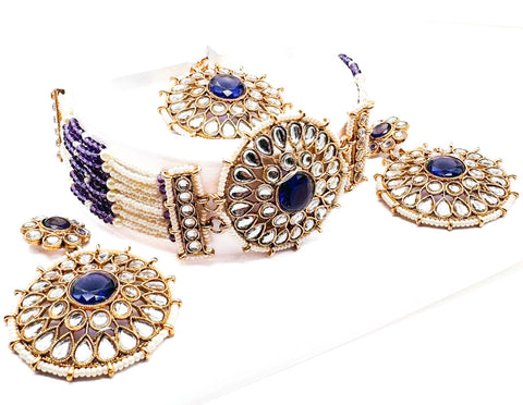 Pearls beaded with Kundan stone beautiful choker necklace with Earrings & Tikka