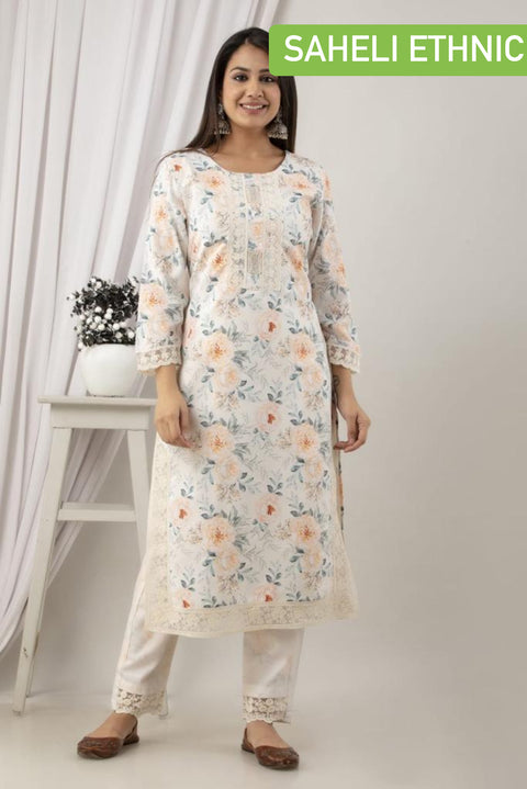PURE & SOFT KHADI COTTON BASED DESIGNER EMBROIDERED & PRINTED WORK KURTI WITH PLAZO PANTS & DUPATTA