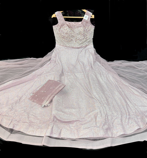 Netting Based heavy design pearls work With embroidery Work neck Designer Flared Kameez /Gown And netting Based Dupatta(sleeves fabric attached inside )