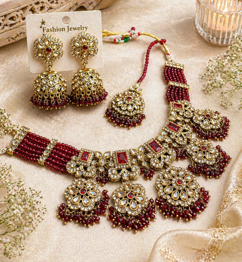 Original Polki stone with pearls beaded work beautiful necklace with jhumka and tikka set