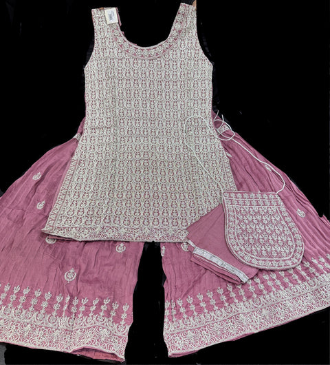 Georgette Based embroidery Work With Sequins Work kameez and sharara with dupatta & matching Potli bag