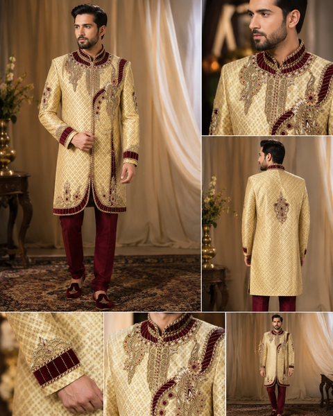 Premium gold jacquard sherwani with intricate maroon embroidery and regal handwork, designed for an elegant and luxurious wedding look. Slight variation in color and design may occur.