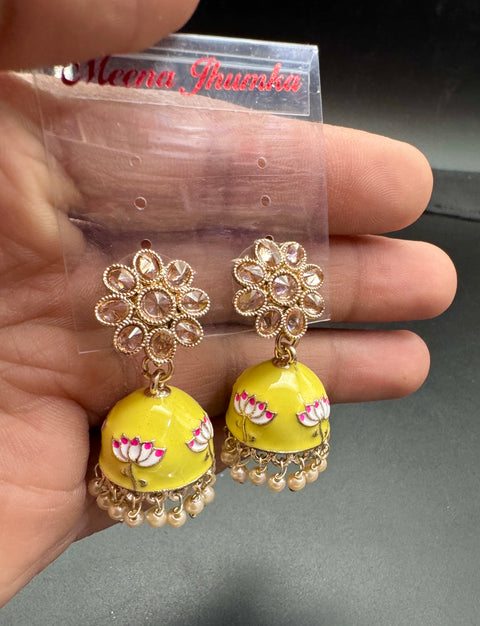 Small size Polki Stone With Pearls Work Beautiful Meenakari Jhumka