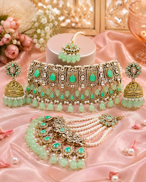 Seafoam green Stones With Jerkan Stones & Moti Work Beautiful Necklace Set With Pasa (slight variation in color and design is possible)
