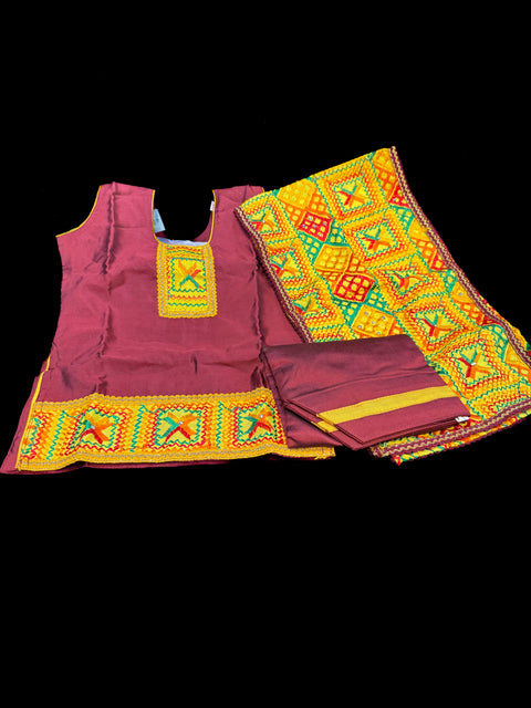 Maroon colour silk based kids patiala suit with phulkari dupatta