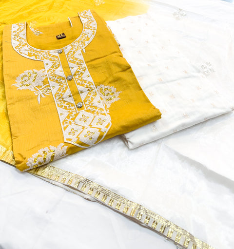 Silk based embroidery & sequined work designer kameez with silk based salwar and chiffon based dupatta