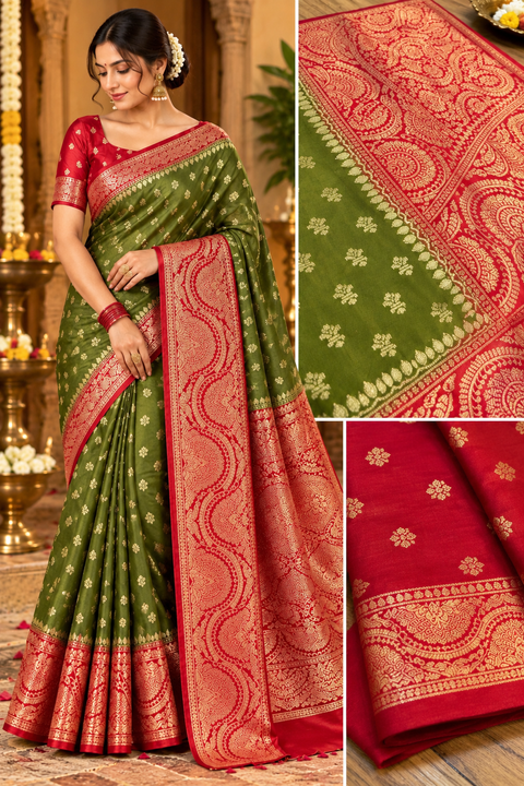 Soft & glossy crepe silk saree with a smooth, lightweight feel and beautifully flowy drape. Featuring rich woven zari floral motifs and an elegant detailed border .Blouse piece included. Slight variation in colour and design is possible.