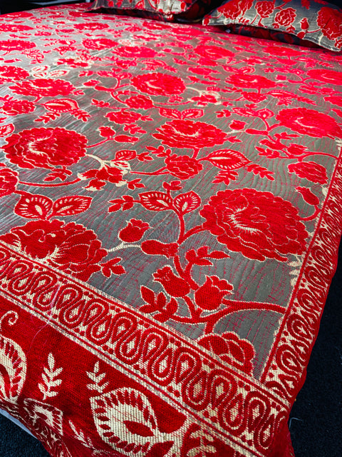 Roses Print Velvet golden zari Work Bed Sheet (275cm x 265cm)king size King Size Bedsheet With Double Pillow Cover