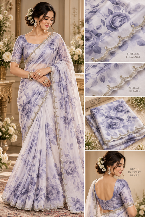 Pure Georgette Saree with a soft flowy drape, elegant all-over vine embroidery, delicate stonework and a rich floral border. Attached blouse piece included; model blouse is for reference only. Slight variation in colour and design is possible.