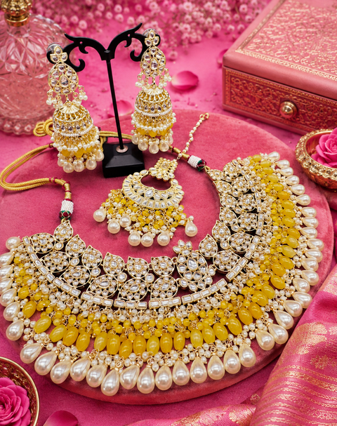 Kundan studded & pearls work designer heavy work Necklace set with beautiful Earrings & Tikka